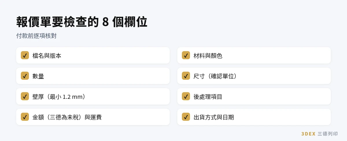 3D列印報價:報價單檢查 8 欄位
