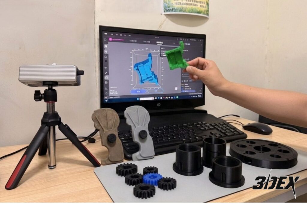 3D 掃描逆向工程：掃描器掃描零件，電腦重建模型，旁邊為列印成品與齒輪