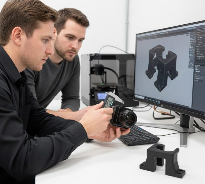 工程師對照 3D 模型與實體零件檢討設計